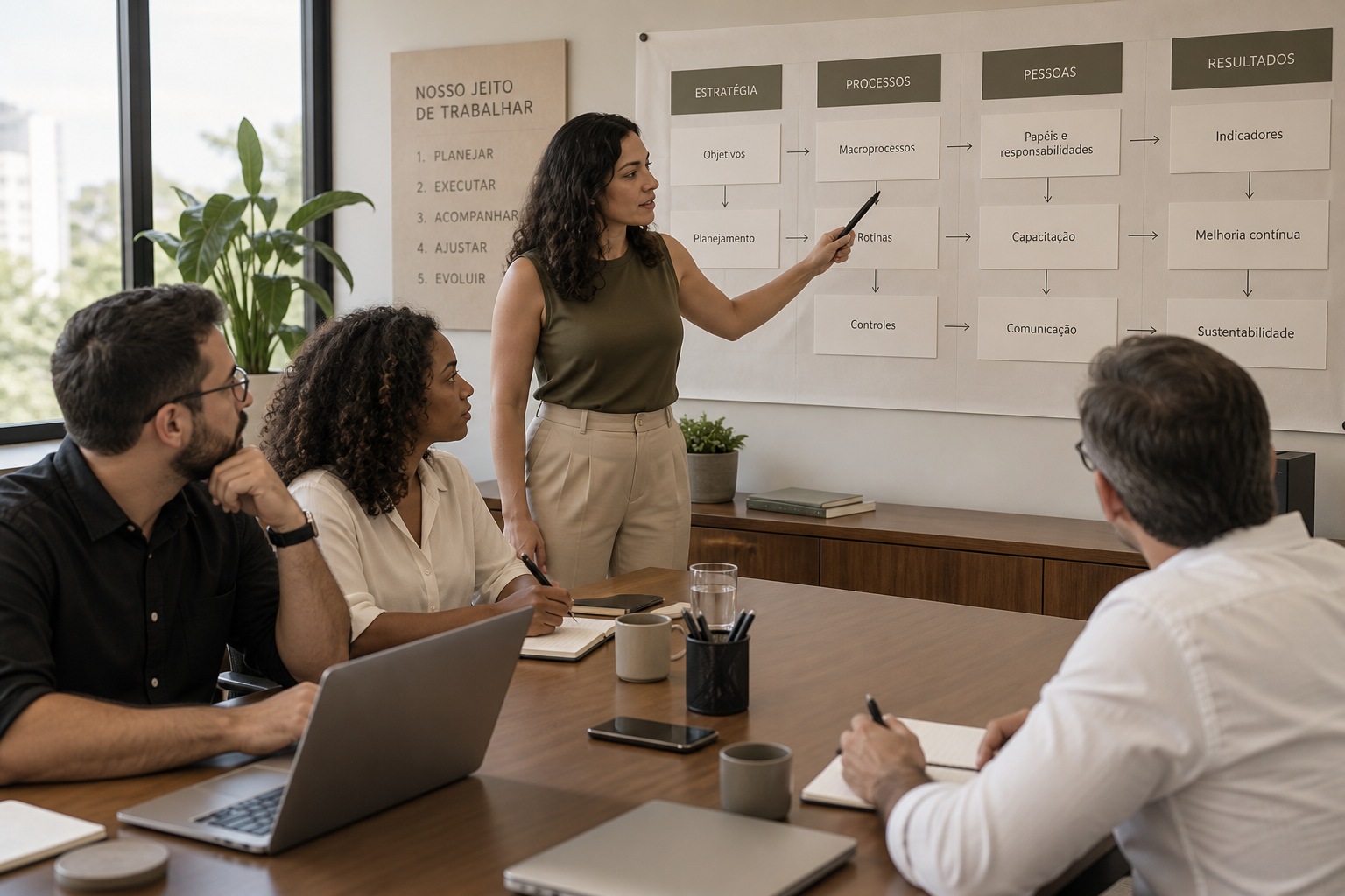 Equipe estruturando processos, responsabilidades e indicadores de uma operação