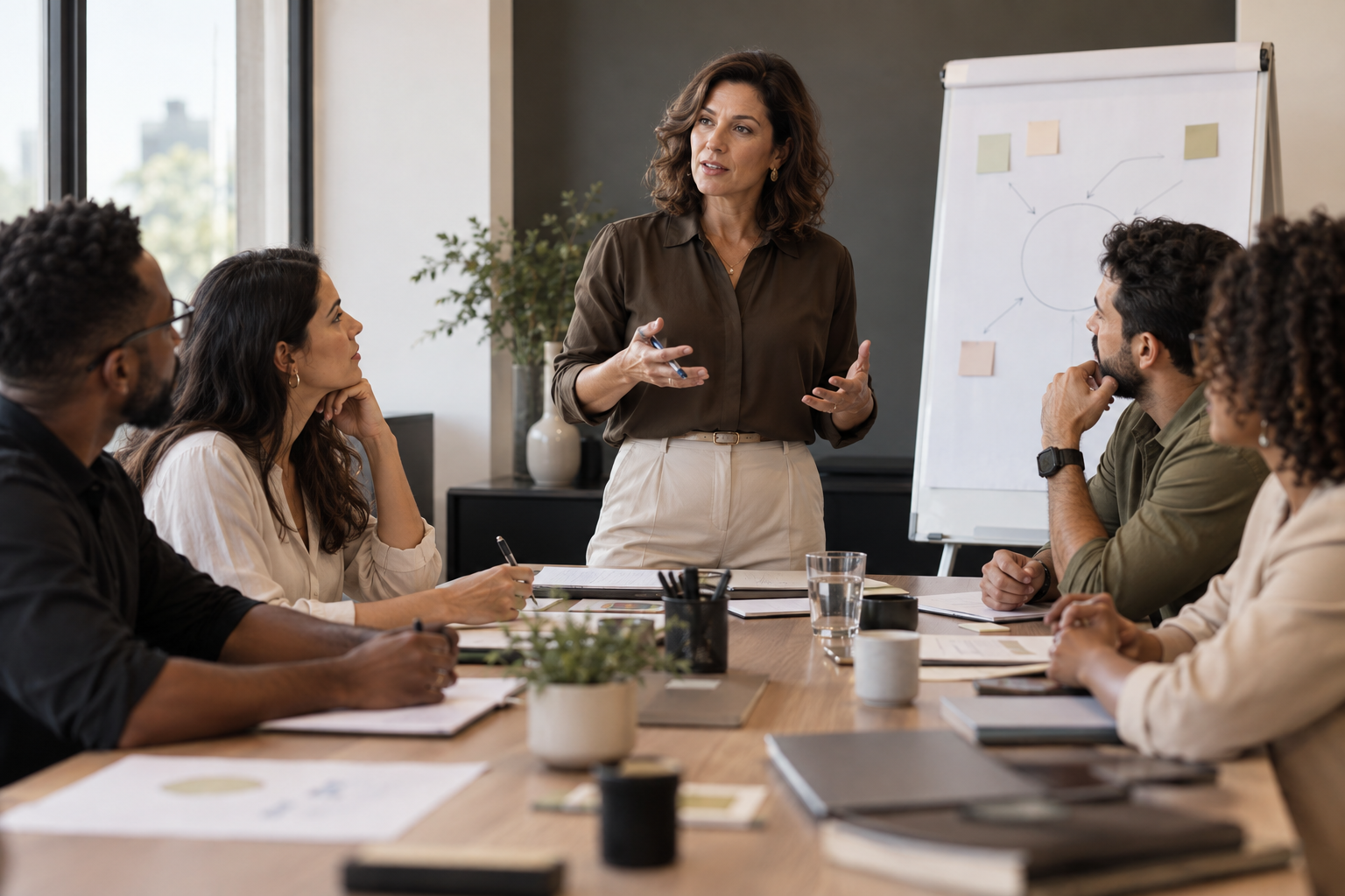 Facilitadora conduzindo um treinamento corporativo com profissionais